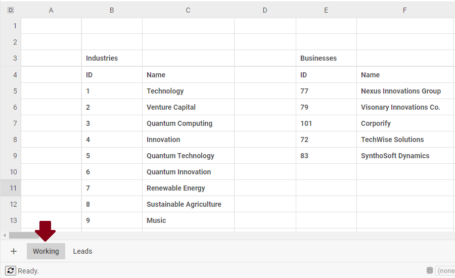 Worksheet with some example data
